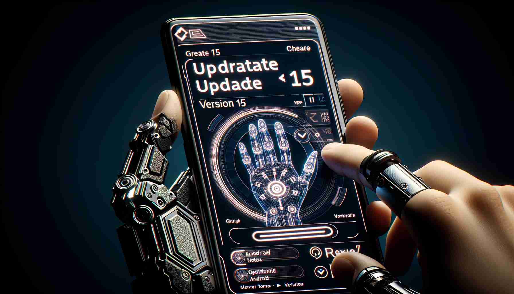 Create an HD photo of a graphical update notification pop-up on the screen of a futuristic smartphone. The update is Version 15 for a fictional operating system called 'Android'. The phone features cutting-edge technology and is part of a line called the 'Pixel Series'. Make sure the screen is clearly highlighting the new update.