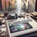 A high-definition, realistic visual representation of a newspaper headline reading 'Italy Considers Major Increase to Crypto Taxation', with the backdrop of financial symbols and cryptocurrency logos subtly visible. The newspaper is placed on a rustic Italian café table, with a cup of Italian coffee and a deck of cards on the side. Towards the background, there are hints of Italian culture, such as a glimpse of a narrow cobblestone street with Italian-style architecture buildings.