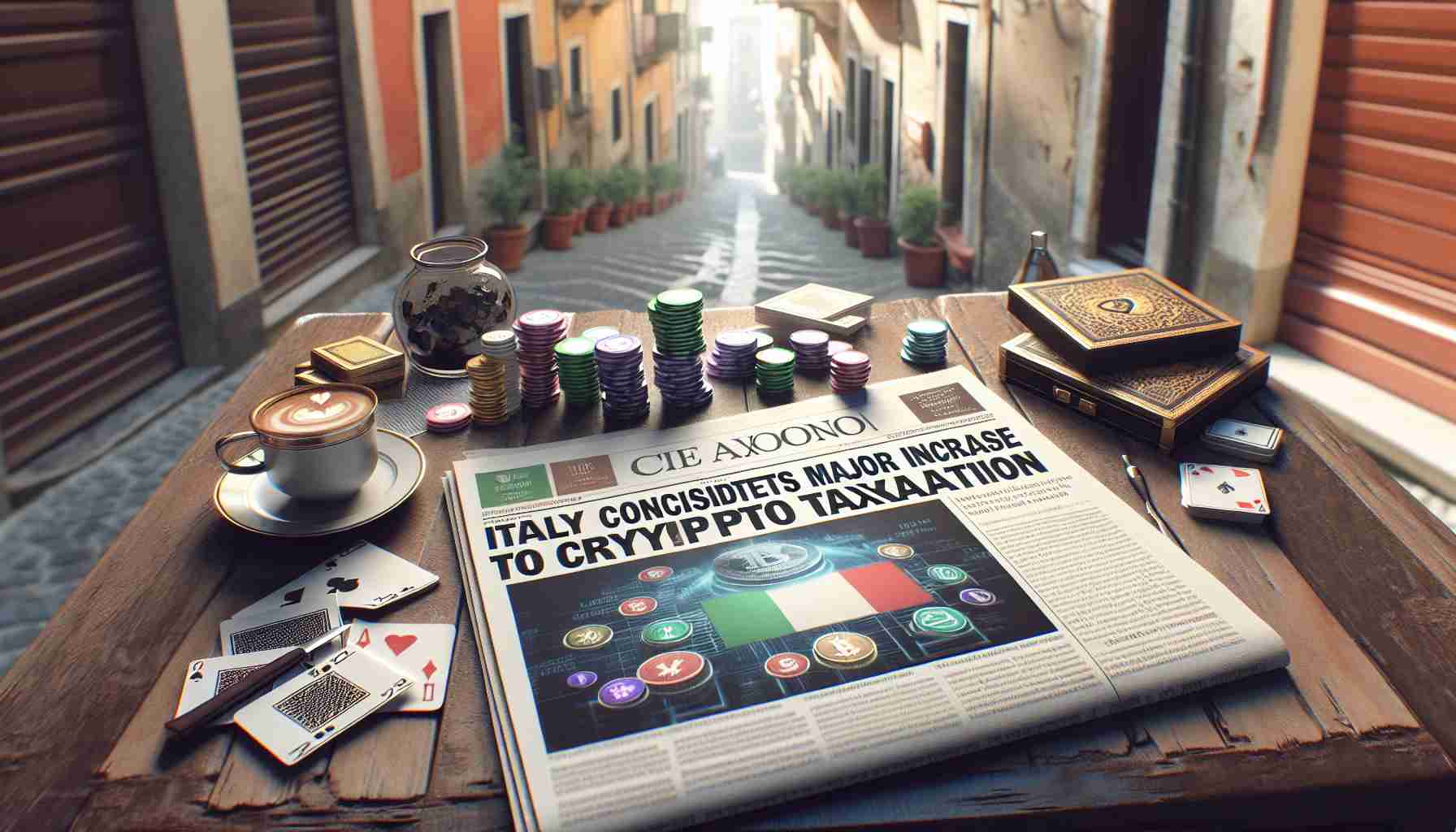 A high-definition, realistic visual representation of a newspaper headline reading 'Italy Considers Major Increase to Crypto Taxation', with the backdrop of financial symbols and cryptocurrency logos subtly visible. The newspaper is placed on a rustic Italian café table, with a cup of Italian coffee and a deck of cards on the side. Towards the background, there are hints of Italian culture, such as a glimpse of a narrow cobblestone street with Italian-style architecture buildings.