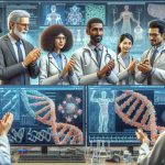 Detailed depiction of diverse researchers receiving recognition for their breakthrough in Artificial Intelligence Protein Discovery. The team comprises of a Middle-Eastern female bioinformatics scientist, a Caucasian male AI engineer, a Black female protein biologist, and a South Asian male biophysicist. The scene takes place in a modern laboratory with high-tech equipment, research data visualized on screens, and a 3D rendering of the protein structure visible. The group displays a variety of age ranges, further adding to the diversity of the team.