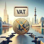 Create a High-definition, realistic image that represents the concept of the United Arab Emirates eliminating the Value Added Tax (VAT) on cryptocurrency transactions. The scene can feature a symbolic cryptocurrency coin with the VAT crossed out or reduced to zero, placed against a background which can be a landmark or scenery associated with the UAE. Note that no specific people or leaders should be featured in the image.