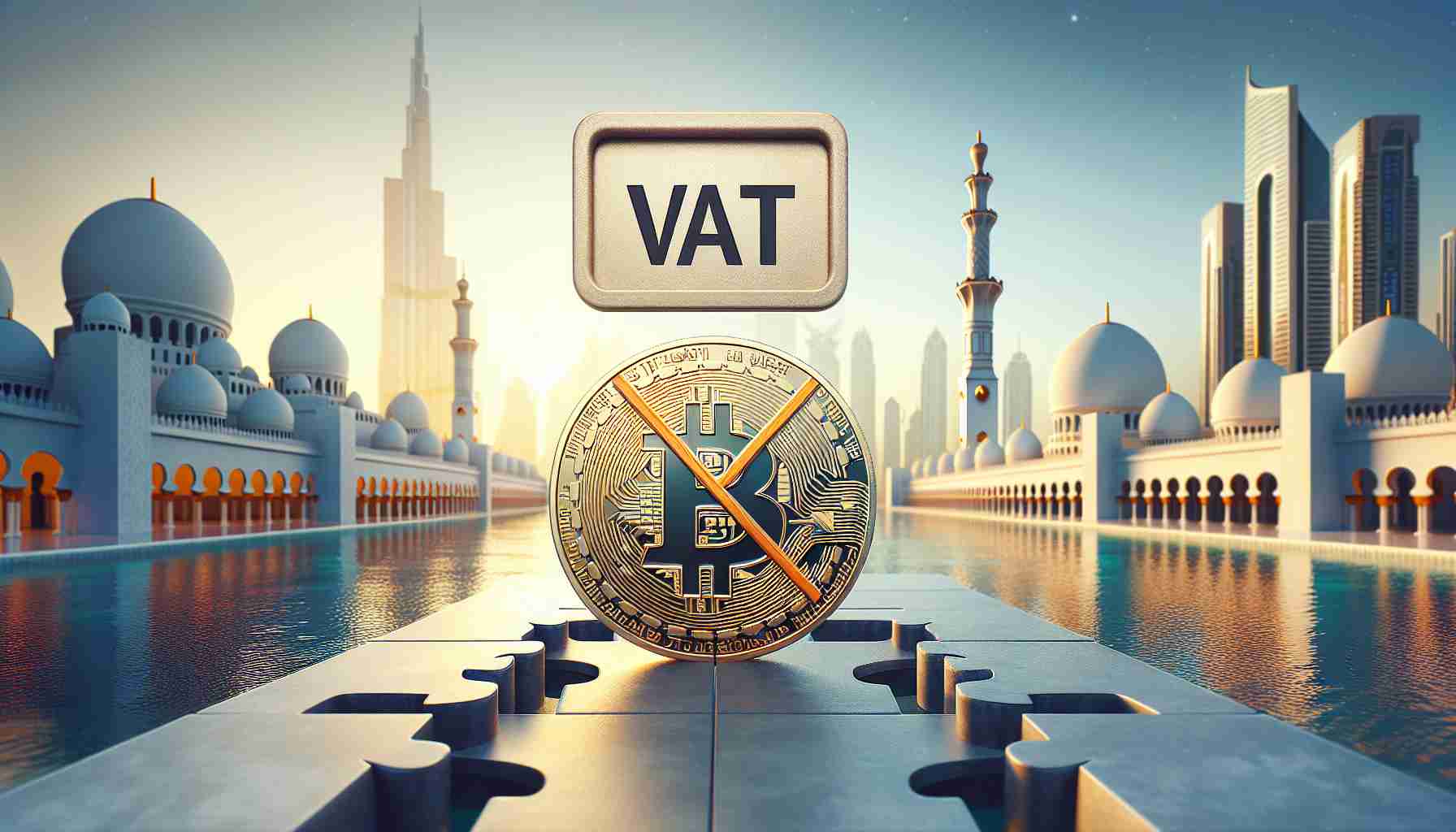 Create a High-definition, realistic image that represents the concept of the United Arab Emirates eliminating the Value Added Tax (VAT) on cryptocurrency transactions. The scene can feature a symbolic cryptocurrency coin with the VAT crossed out or reduced to zero, placed against a background which can be a landmark or scenery associated with the UAE. Note that no specific people or leaders should be featured in the image.