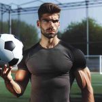 Create a high-definition, realistic image of a professional football player, having strong physique and well-defined muscles, who is in a state of uncertainty due to a possible fitness issue. He is in his workout clothes, standing on the training ground, looking at the football in front of him with a look of concern and skepticism, expressing anxiety ahead of an important game he may not be fully fit for.