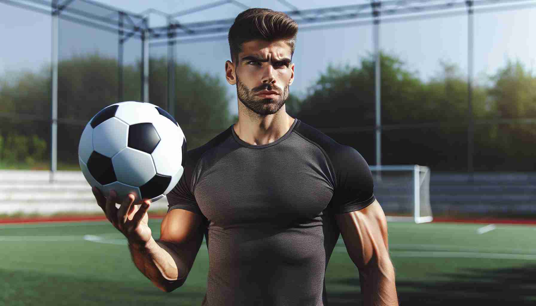 Create a high-definition, realistic image of a professional football player, having strong physique and well-defined muscles, who is in a state of uncertainty due to a possible fitness issue. He is in his workout clothes, standing on the training ground, looking at the football in front of him with a look of concern and skepticism, expressing anxiety ahead of an important game he may not be fully fit for.