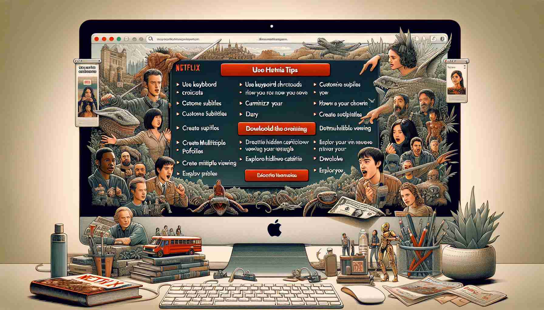 An highly detailed photograph illustration of a computer screen showing a Netflix interface with a pop-up list of essential tips for maximizing the viewing experience. The list includes tips like 'Use keyboard shortcuts', 'Customize subtitles', 'Download for offline viewing', 'Create multiple profiles' and 'Explore hidden categories'. Framed by a user-friendly and clutter-free environment that enhances the viewing experience.