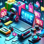 A high-definition, realistic image showcasing a vibrant and attractive discount sale on tech essentials. The image should include an arrangement of gadgets like laptops, headphones, smartphones, and other electronic accessories. Also include signs that signify marked-down prices or percentage discounts, making the scene look exciting and tempting for consumers.