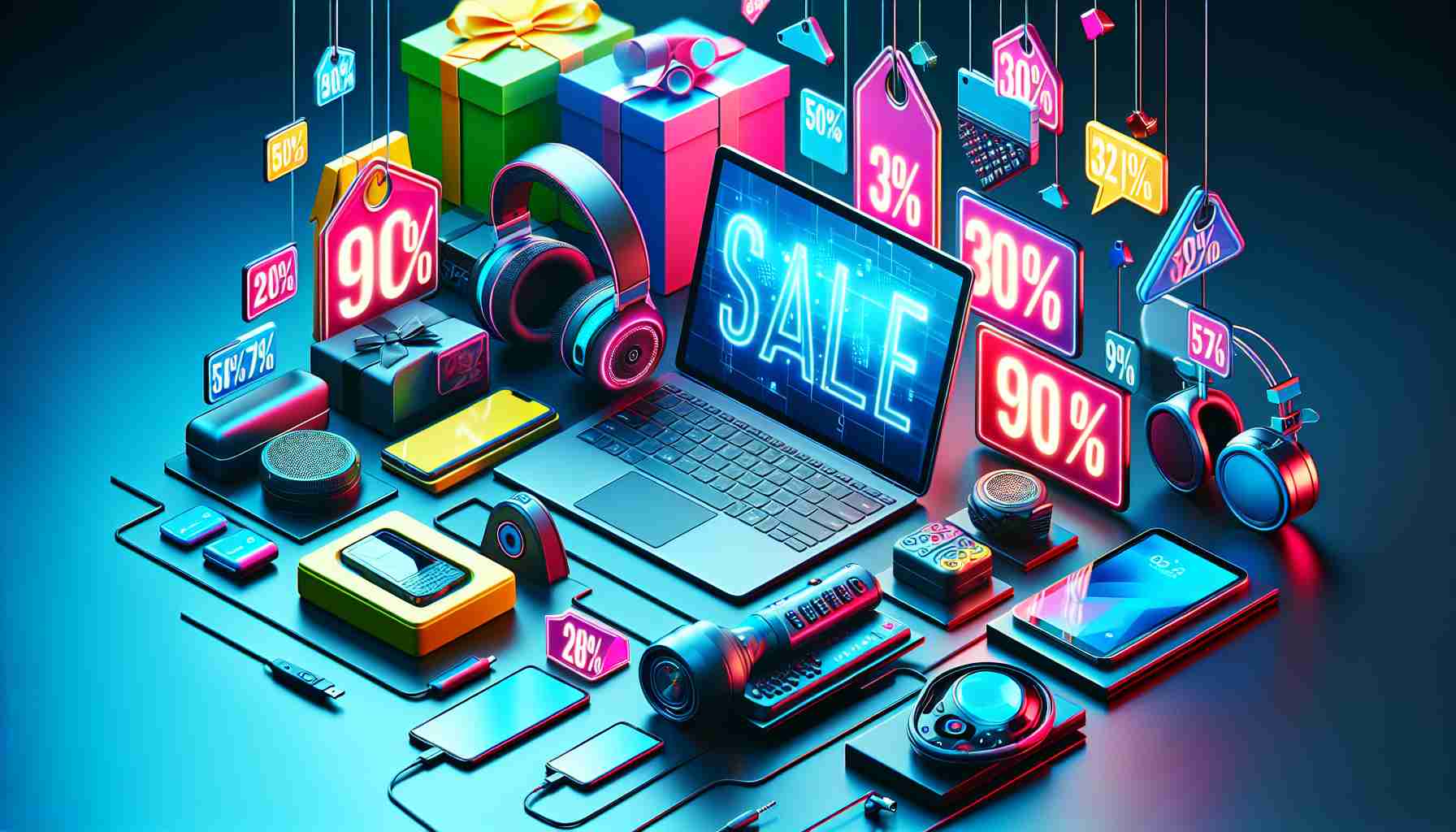 A high-definition, realistic image showcasing a vibrant and attractive discount sale on tech essentials. The image should include an arrangement of gadgets like laptops, headphones, smartphones, and other electronic accessories. Also include signs that signify marked-down prices or percentage discounts, making the scene look exciting and tempting for consumers.