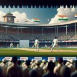 Realistic HD photo of a high-stakes cricket match representing India's attempt to defy history in an epic Test Chase. The focus is on the players on the field, poised and ready for action. The stadium is filled with cheering crowd, banners, and flags fluttering in the wind. The scoreboard is visible in the background, showing near-even scores with only a little time to spare.