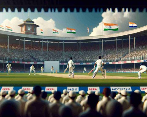 Realistic HD photo of a high-stakes cricket match representing India's attempt to defy history in an epic Test Chase. The focus is on the players on the field, poised and ready for action. The stadium is filled with cheering crowd, banners, and flags fluttering in the wind. The scoreboard is visible in the background, showing near-even scores with only a little time to spare.