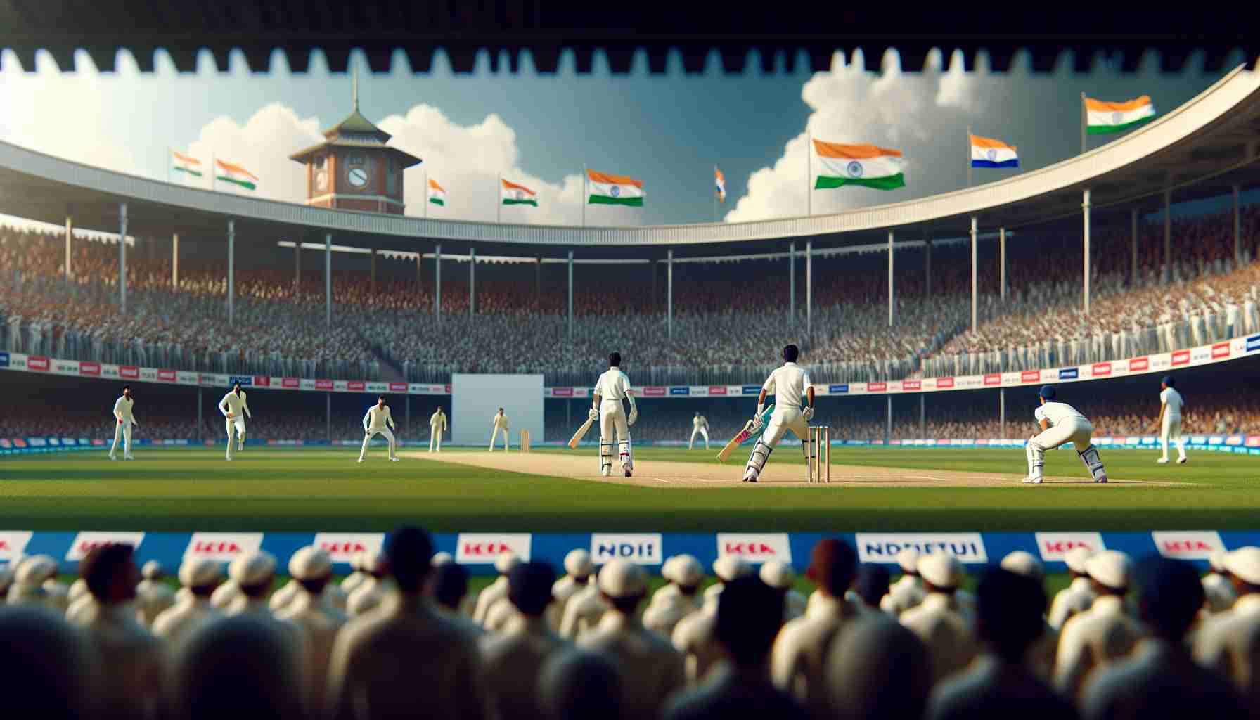 Realistic HD photo of a high-stakes cricket match representing India's attempt to defy history in an epic Test Chase. The focus is on the players on the field, poised and ready for action. The stadium is filled with cheering crowd, banners, and flags fluttering in the wind. The scoreboard is visible in the background, showing near-even scores with only a little time to spare.