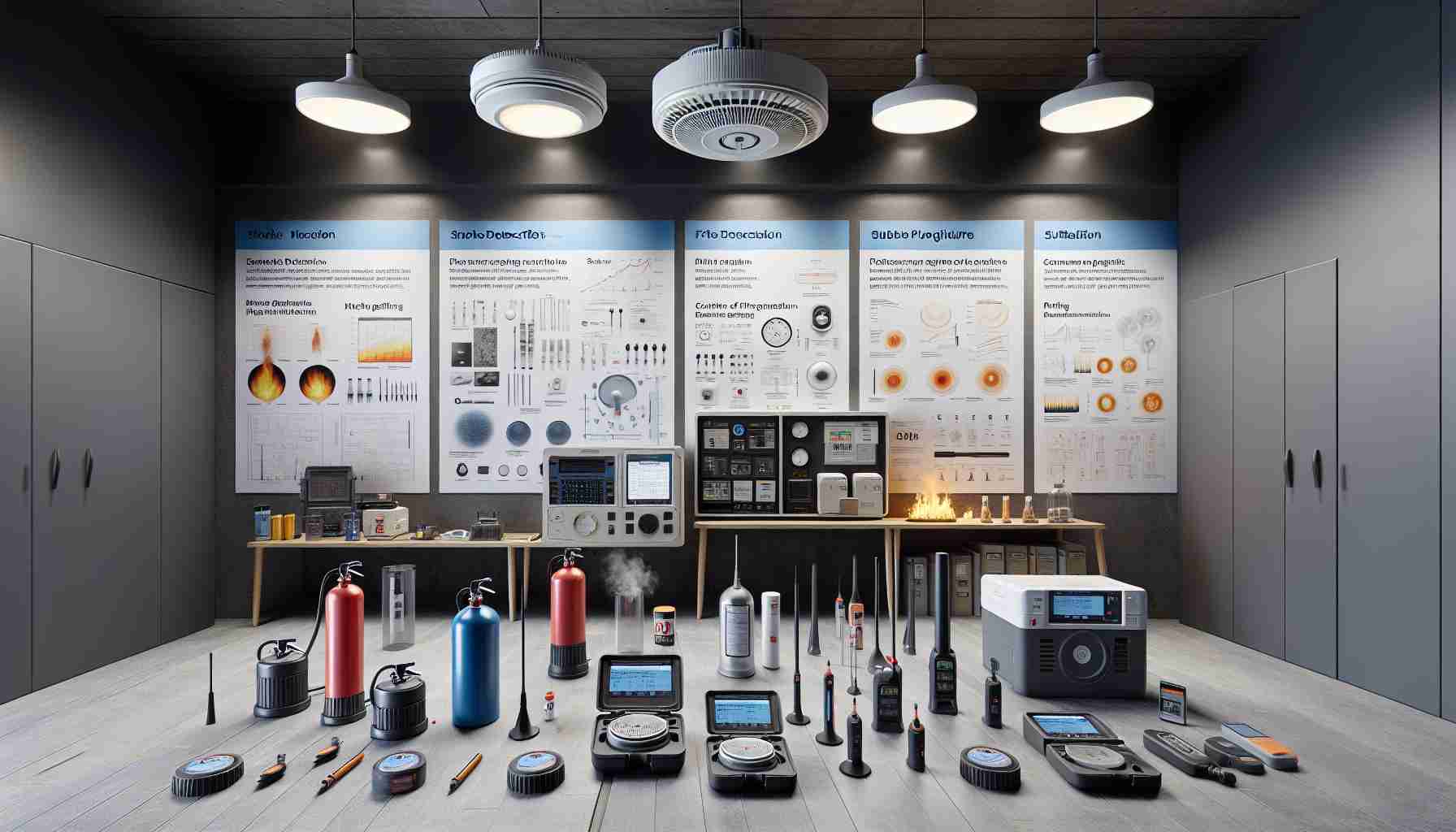 Create a highly realistic, high-definition image that portrays the essential insights into Smoke Detection Testing. The scene includes various types of smoke detectors mounted on a ceiling, alongside tools and equipment that represent testing procedures, such as smoke-generating canisters and digital handheld testing devices. In the background, there are informational posters presenting insights including different types of smoke, effect of room temperature and ventilation, common causes of false alarms, and suitable placements for smoke detectors in a building.