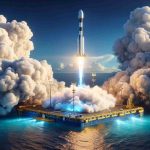 Realistic high definition image of a private space exploration company achieving a milestone in rocket recovery. The scene represents a successful landing of a reusable rocket onto a floating sea platform. The brilliant blue sky provides a stark contrast to the billowing puffs of smoke and flames. The rocket, standing tall, is painted in white, while the platform is colored in yellow and blue. Diligence, innovation, and triumph are palpable in the scene, symbolizing a significant milestone for mankind's quest to conquer space.