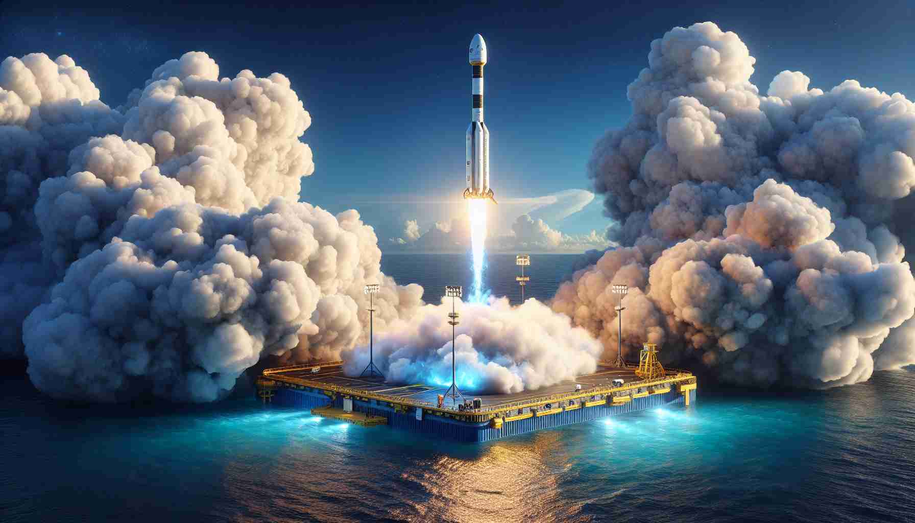 Realistic high definition image of a private space exploration company achieving a milestone in rocket recovery. The scene represents a successful landing of a reusable rocket onto a floating sea platform. The brilliant blue sky provides a stark contrast to the billowing puffs of smoke and flames. The rocket, standing tall, is painted in white, while the platform is colored in yellow and blue. Diligence, innovation, and triumph are palpable in the scene, symbolizing a significant milestone for mankind's quest to conquer space.