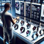 A high definition, realistic visualization of a person, standing in a modern electronics store, deliberating over various models of a smartwatch. Each watch has a distinct design, varied strap colours, and unique screen savers. The person, a Caucasian male in his early thirties, is holding one watch in each hand, comparing them. Beside him, there's a display board with information about the watches' features. The store lighting reflects on the shiny surfaces of the watches, contributing to the overall futurism of the scene.