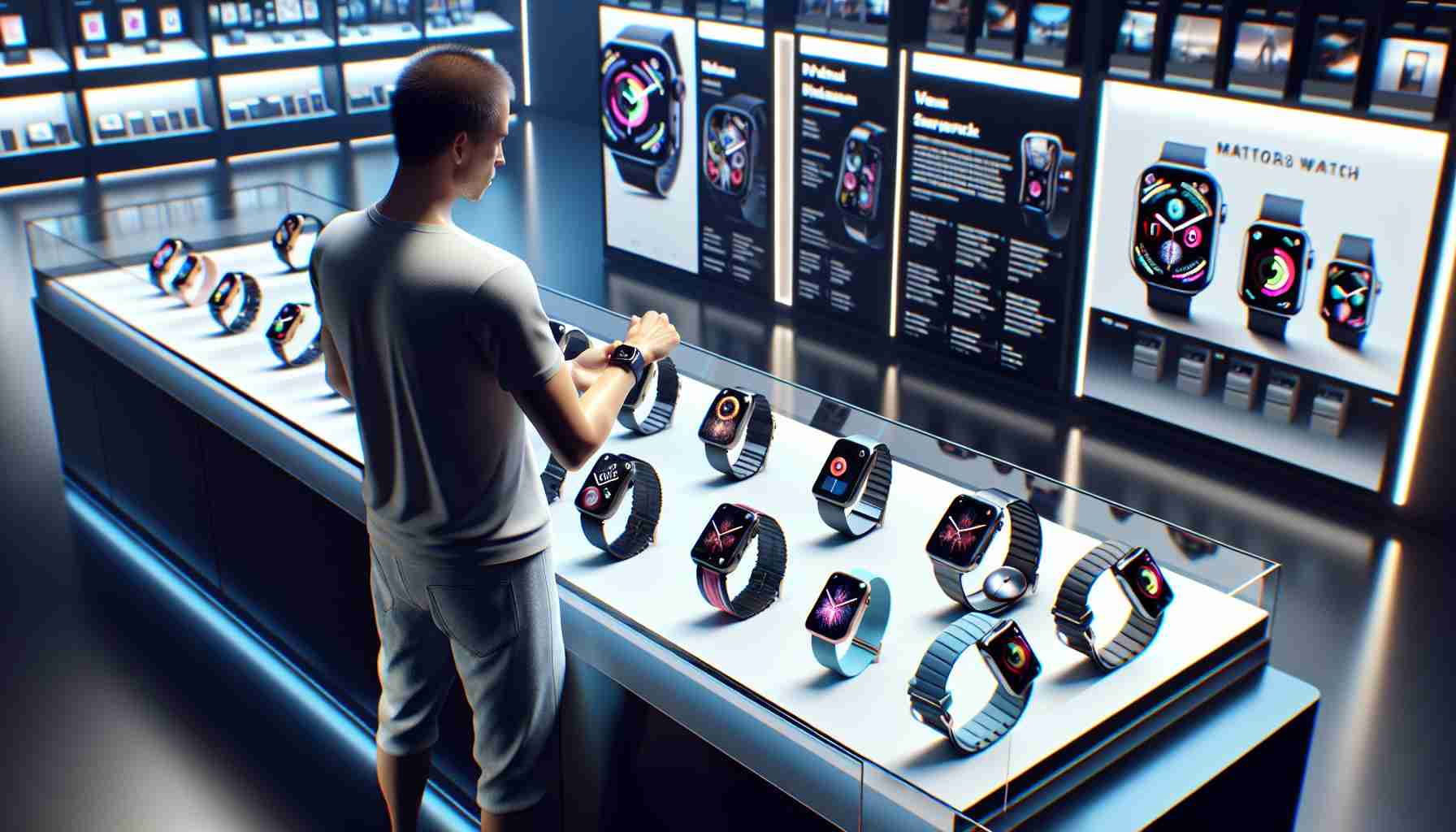 A high definition, realistic visualization of a person, standing in a modern electronics store, deliberating over various models of a smartwatch. Each watch has a distinct design, varied strap colours, and unique screen savers. The person, a Caucasian male in his early thirties, is holding one watch in each hand, comparing them. Beside him, there's a display board with information about the watches' features. The store lighting reflects on the shiny surfaces of the watches, contributing to the overall futurism of the scene.