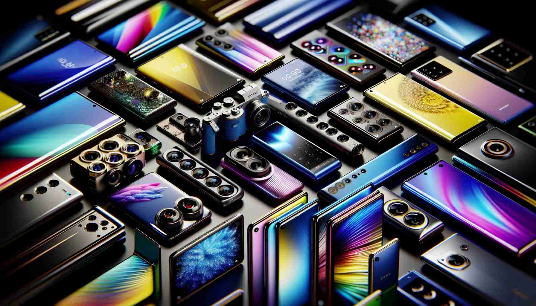 A highly detailed image showcasing an evolution of smartphones with varied designs and innovative features. The image should capture a collection of unique smartphones presented in a chromatic array, exuberating vivid and distinctive colors. Highlights might include folding screens, advanced camera systems with macro and wide angle lenses, robust bezel-less displays with higher refresh rates, and modular designs. The smartphones' elegance and technological advancement are in the spotlight, symbolizing the vibrant and dynamic character of today's mobile technology market.