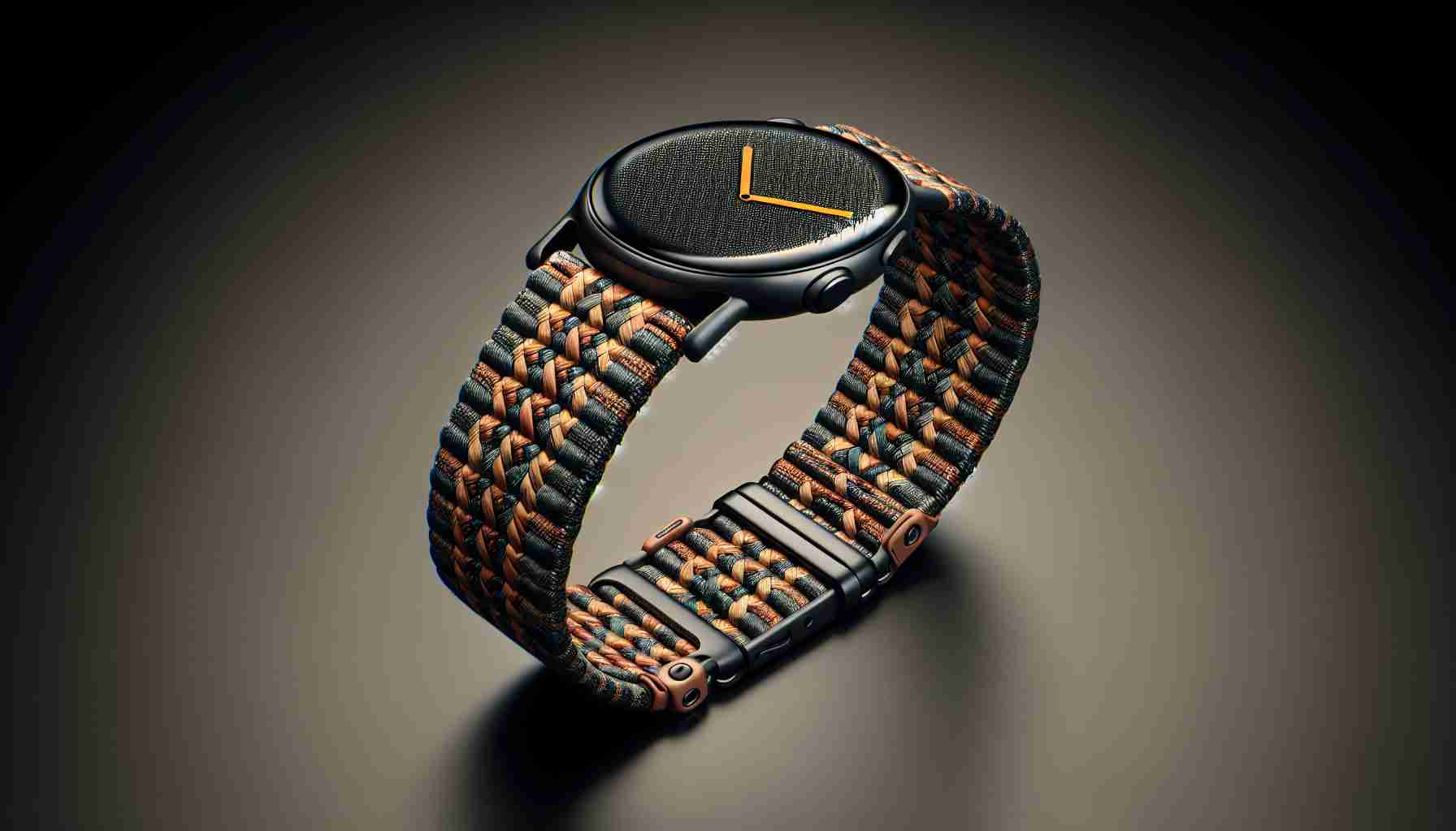 Create a high-definition, realistic image of a unique woven band designed for a generic smartwatch. The band should feature a magnetic link for easy attachment and detachment while emphasizing a sense of style and sophistication. The color, texture, and design intricacies of the woven band should reflect not only durability and sturdiness but also a elegance and style that can enhance the aesthetic appeal of any smartwatch.