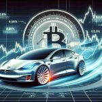 A detailed and high-definition digital illustration depicting the concept of Tesla's involvement in Bitcoin, symbolized through a stylized electric car with the Bitcoin logo moving along a chart that shows fluctuating market values. Please include lines and percentages to represent market data and movements. The image should have a futuristic vibe to it. It's important to note that this image should not contain any recognizable individuals or copyrighted logos.