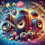 Generate a vivid, high-definition image illustrating the concept of exciting discounts being available on portable speakers during a major online sale event. The image should prominently feature special offers and savings on a variety of portable speakers, highlighting their features and the event's festive atmosphere.