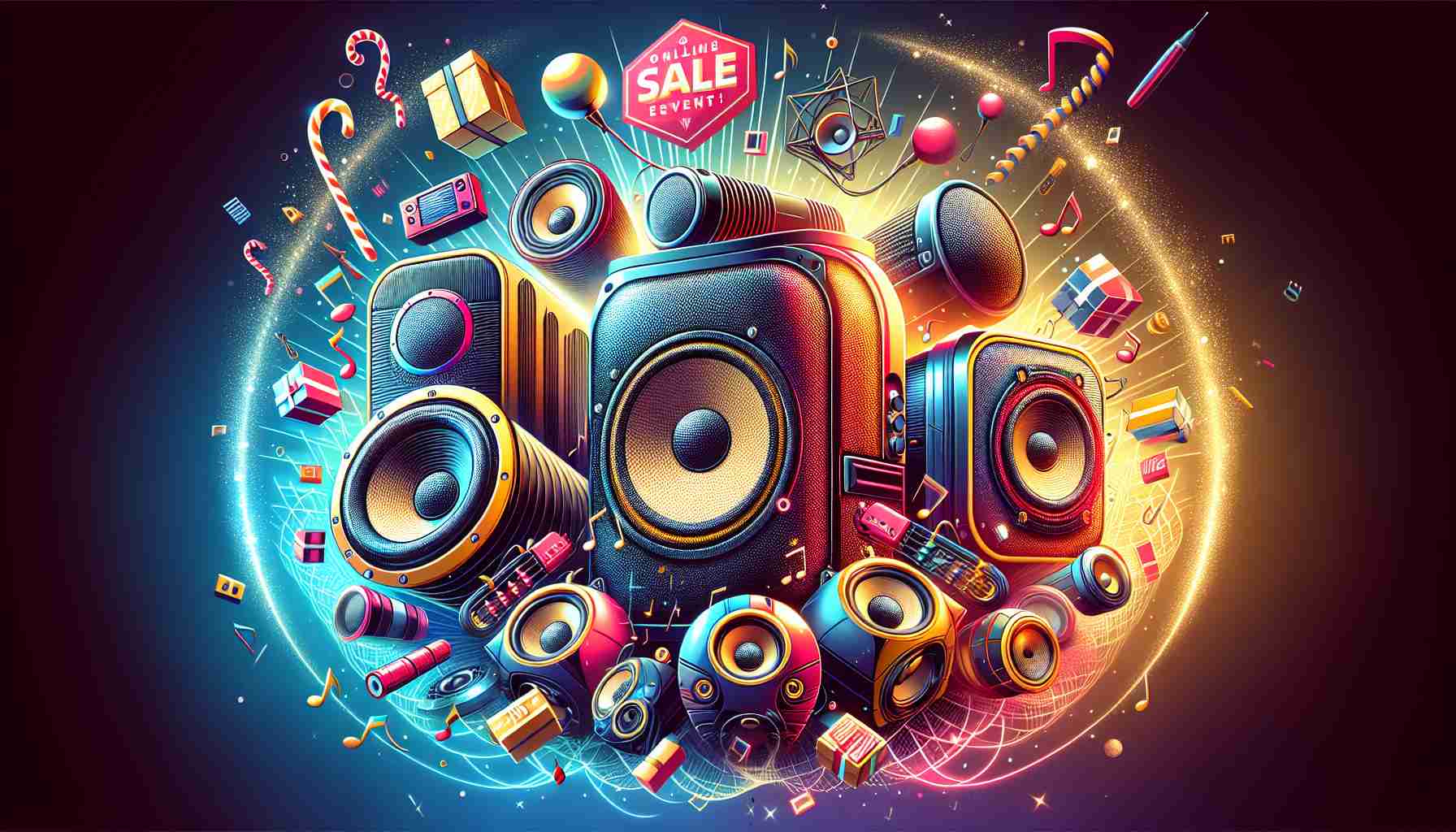 Generate a vivid, high-definition image illustrating the concept of exciting discounts being available on portable speakers during a major online sale event. The image should prominently feature special offers and savings on a variety of portable speakers, highlighting their features and the event's festive atmosphere.