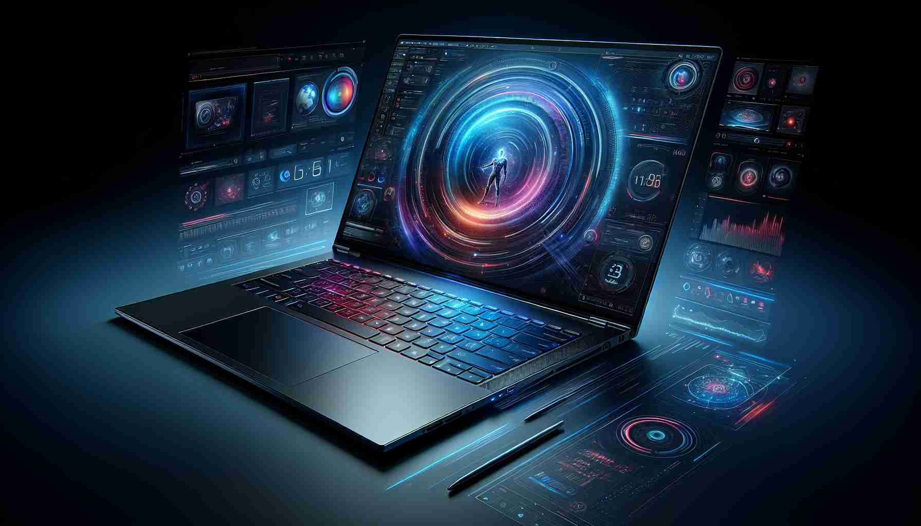 High-definition, realistic image of a sleek, modern laptop that demonstrates the latest technology advancements. The laptop features a vibrant, high-resolution display, a responsive touchpad, a thin and lightweight design, advanced cooling system, and a long-lasting battery. Additionally, it is showcasing innovative features such as advanced fingerprint security, AI voice assistant, and seamless connectivity options for vivid and efficient user experience.