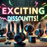 A high-definition image showing various top wireless headphones attractively arranged. The main focus of the image is a bold, eye-catching banner that proclaims 'Exciting Discounts!' The setting suggests a sale event, specifically hinting at a well-known annual sales event. The headphones exhibited range from in-ear models to over-ear designs, tastefully displayed and emphasizing their top-tier features and modern design. The colored lightning accents complement the general atmosphere of anticipation and excitement typically accompanying such sales promotions.