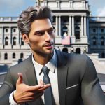 A high-definition, realistic image of a charismatic entrepreneur with short, slightly greying hair initiating political engagements in Pennsylvania. He's wearing a stylish business suit, engaged in a passionate discussion in front of a historic building symbolizing the seat of government.