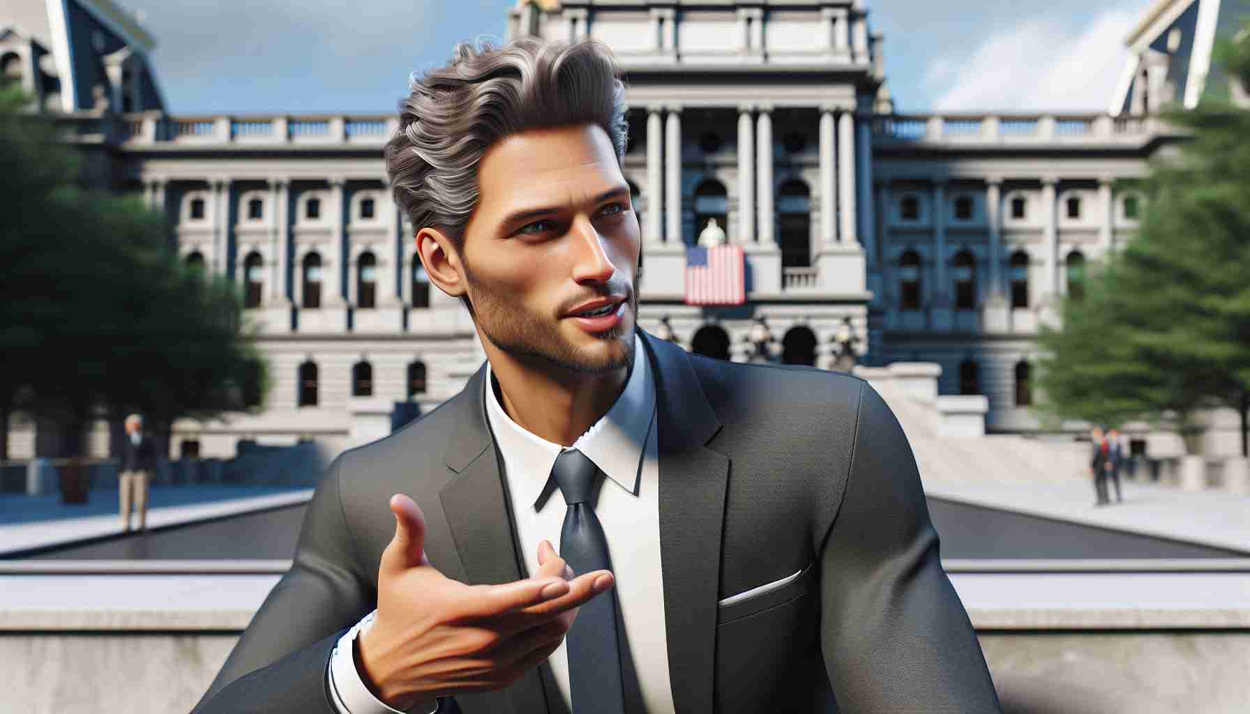 A high-definition, realistic image of a charismatic entrepreneur with short, slightly greying hair initiating political engagements in Pennsylvania. He's wearing a stylish business suit, engaged in a passionate discussion in front of a historic building symbolizing the seat of government.