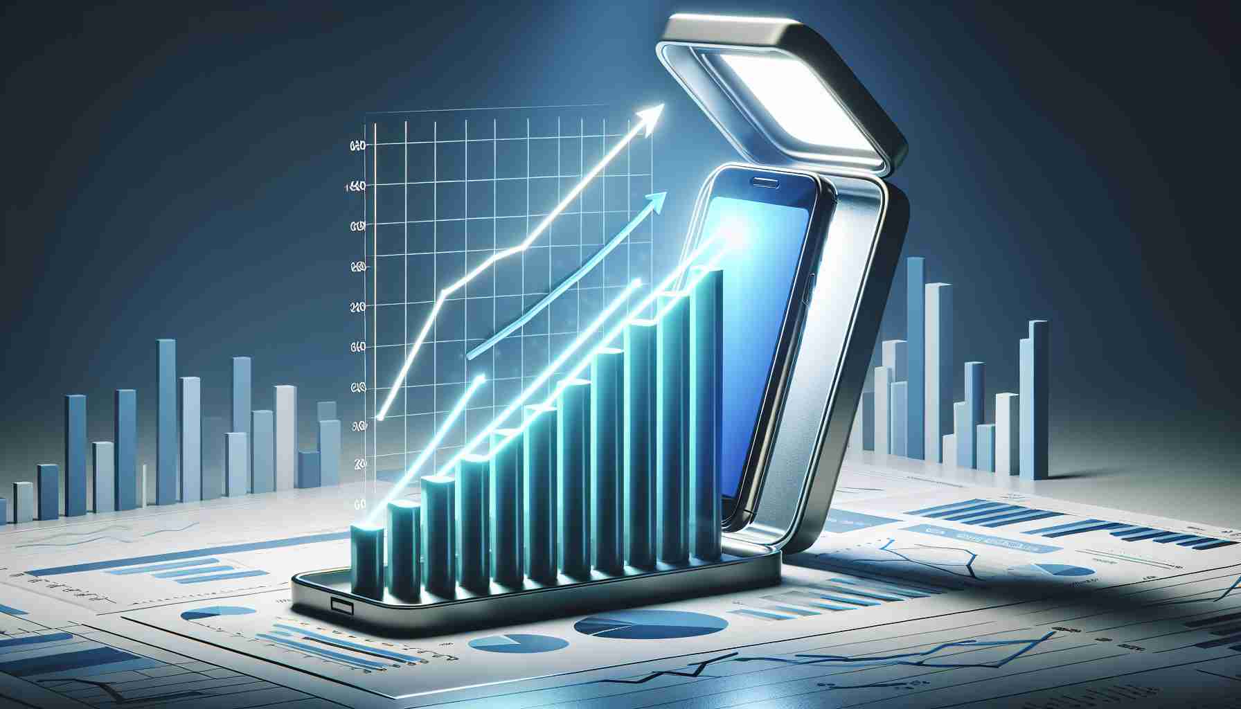 A high-definition, realistic illustration of a graph showing the impact of a generic UV phone sanitizer on the sanitization market. The graph shows an upward trend, indicating the device's increasing market share. The visualization includes 3D bars and neatly labeled axes. On the background, subtly faded, there's a UV phone sanitizer open, with a smartphone inside, radiating a serene blue light.