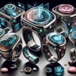 An intricately designed image showcasing the future of smart rings. These pieces of technology are no longer constrained by their size, incorporating features such as touchscreens, calling, messaging, and health tracking. They display advanced technology, with miniature components being assembled in creative ways. The image should clearly bring out these elements, emphasizing the fusion of technology and fashion, showing highly detailed, realistic, and compact smart rings. The design must be sophisticated and elegant, incorporating both metallic and glass elements, with some rings showcasing holographic projections or clear touchscreen interfaces.