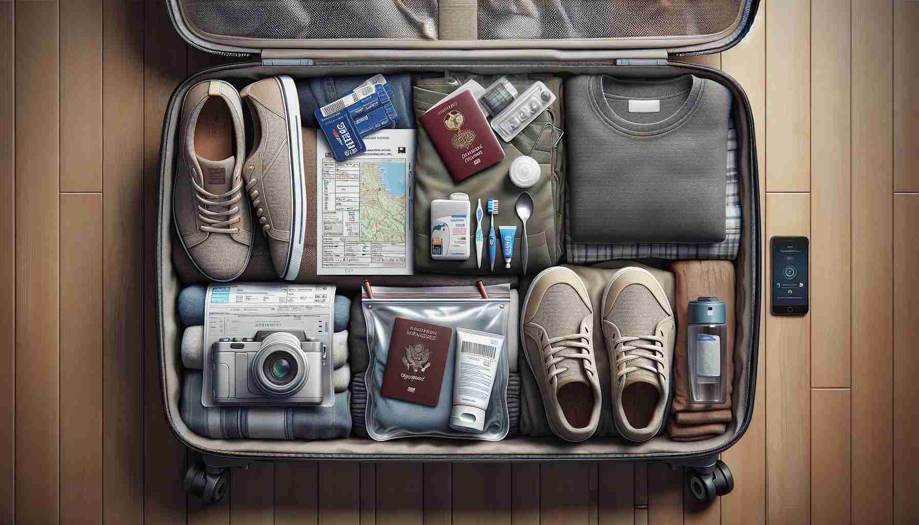 An HD image showing a realistic scenario of travel essentials being neatly packed. The image should include the following components: a sturdy suitcase of medium size, travel documents like passport and tickets placed on top, close-up view of a clear travel pouch containing basic toiletries such as toothpaste, toothbrush, travel-size shampoo, and conditioner; a pair of comfortable walking shoes placed neatly next to the suitcase; folded clothes neatly arranged inside the suitcase; a lightweight jacket draped over the suitcase; and a travel guidebook with a map bookmarked for the destination.