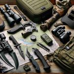 Create an image of various critical hunting gear laid out neatly on a wooden table. Include items like a hunting knife with a sharp, steel blade, an olive green waterproof backpack, binoculars with a sleek black finish, a camouflage hat, a fire starter kit, and a map of a forested region. Add a composite bow leaning against the table and a pair of sturdy-looking boots on the floor nearby. Portray the picture in high resolution to capture the intricate details of these items, thus showcasing the realism of the image.