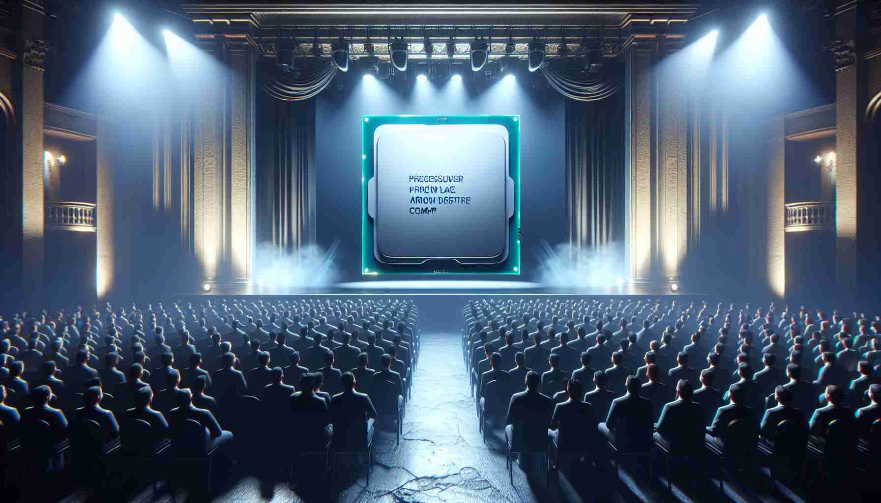 Render a photo-realistic high definition image of a hypothetical event where a tech company unveils their latest processor labelled 'Arrow Lake' for desktop computers. Show the scene with a grand stage, the new processor beautifully spotlighted, and an audience captivated by the advanced technology. Ensure the processor retains a generic design without direct association to any existing companies. Display hint of excitement and anticipation in the atmosphere.