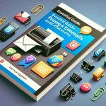 Create a highly detailed and realistic image featuring an 'Essential Guide to Printing Emails and Attachments' - the cover of an educational guide book. The cover should be prominently displayed with common email icons, printer images, and paper clips. Give an impression of a practical and user-friendly guide that offers step-by-step instructions for printing emails and their attachments.