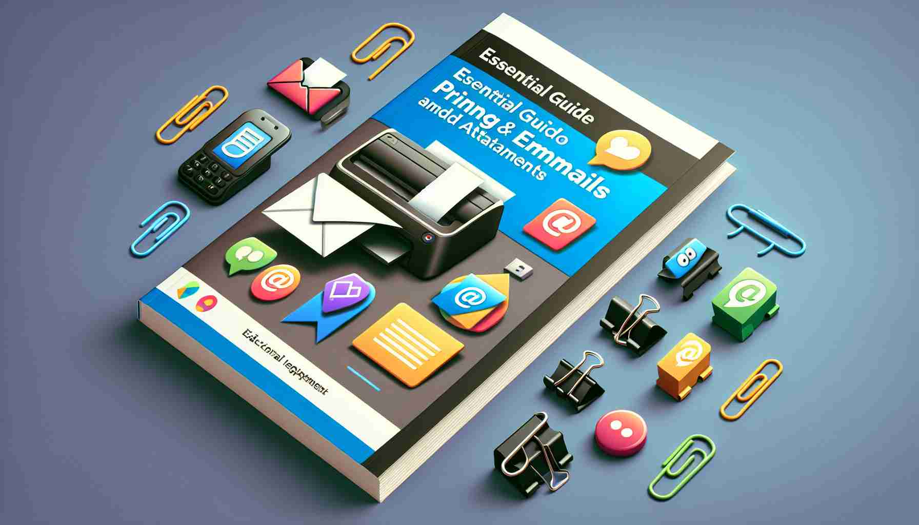 Create a highly detailed and realistic image featuring an 'Essential Guide to Printing Emails and Attachments' - the cover of an educational guide book. The cover should be prominently displayed with common email icons, printer images, and paper clips. Give an impression of a practical and user-friendly guide that offers step-by-step instructions for printing emails and their attachments.