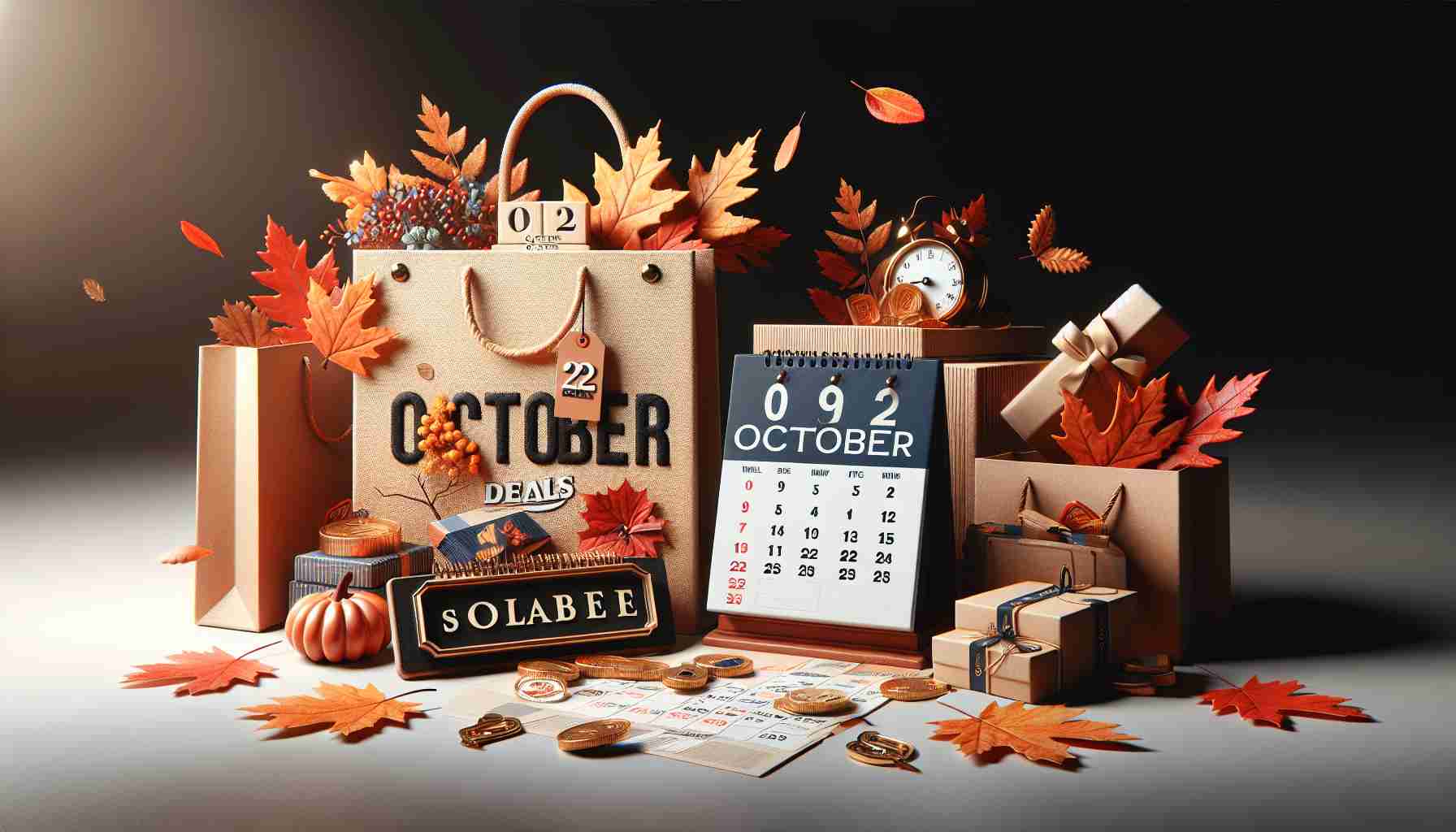 A realistic, high-definition image showcasing the theme of 'October Deals'. The scene should have various elements that signal to unmissable discounts. These could include a shopping bag decorated with autumn leaves, a banner indicating sales, and a calendar open to the month of October. The image should convey a sense of urgency and excitement, capturing the anticipation of a retail sale event that is too good to pass up. The overall tone should echo the colors of autumn and the feeling of the shopping season kicking into gear.