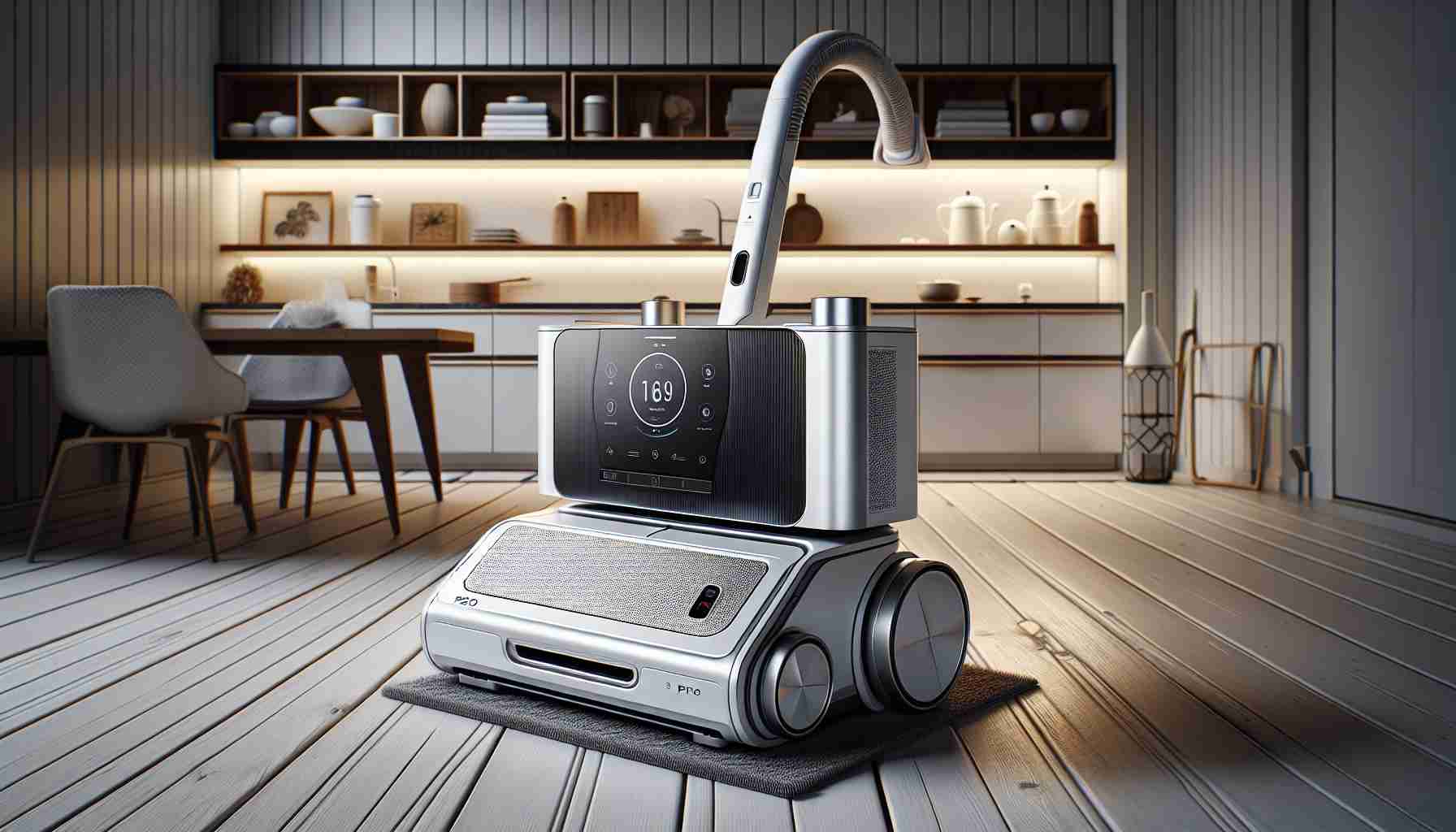 Detailed depiction of a revolutionary cleaning appliance, specifically an advanced model named S20 Pro. The machine exhibits sleek design elements, a combination of modern aesthetics and high functionality. The backdrop features a domestic environment with contemporary style, amplifying the appearance of the machine's innovative design. Emphasize attention to finite details and a realistic feel, rendering the image in high-definition.