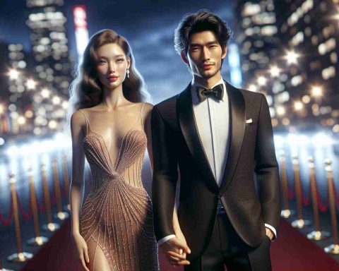 Realistic high-definition scene of a hypothetical Hollywood couple, who are presumed to possess the secret to a long-lasting love. The couple is imagined as two actors, standing on a red carpet for a film premier. The man is of Asian descent, tall and wearing a stylish tuxedo, while the woman is of Caucasian descent, looking stunning in a glamorous evening gown. City lights illuminate their faces and they both wear matching smiles, as they hold hands, symbolizing their strong bond and mutual understanding.