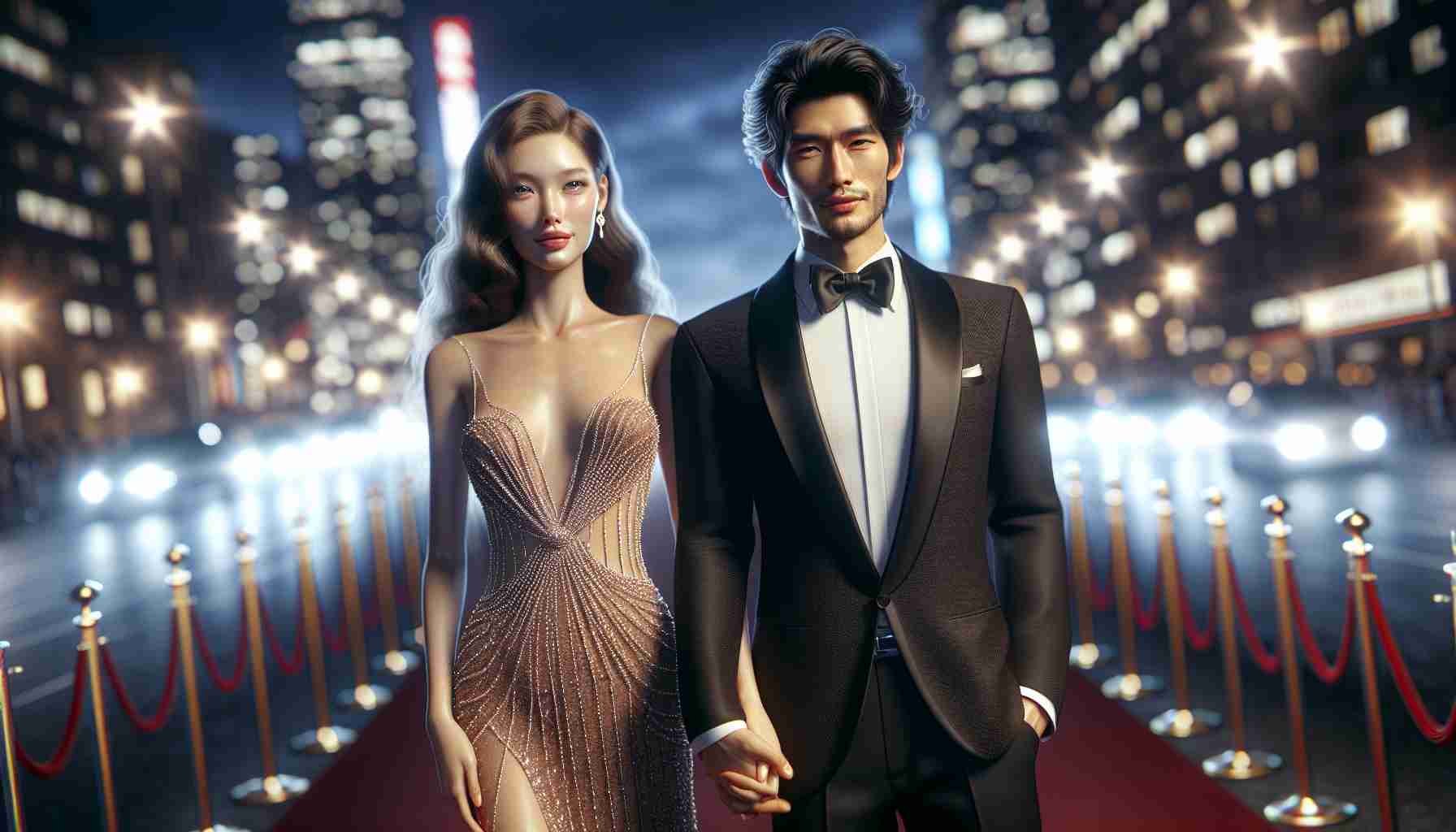 Realistic high-definition scene of a hypothetical Hollywood couple, who are presumed to possess the secret to a long-lasting love. The couple is imagined as two actors, standing on a red carpet for a film premier. The man is of Asian descent, tall and wearing a stylish tuxedo, while the woman is of Caucasian descent, looking stunning in a glamorous evening gown. City lights illuminate their faces and they both wear matching smiles, as they hold hands, symbolizing their strong bond and mutual understanding.