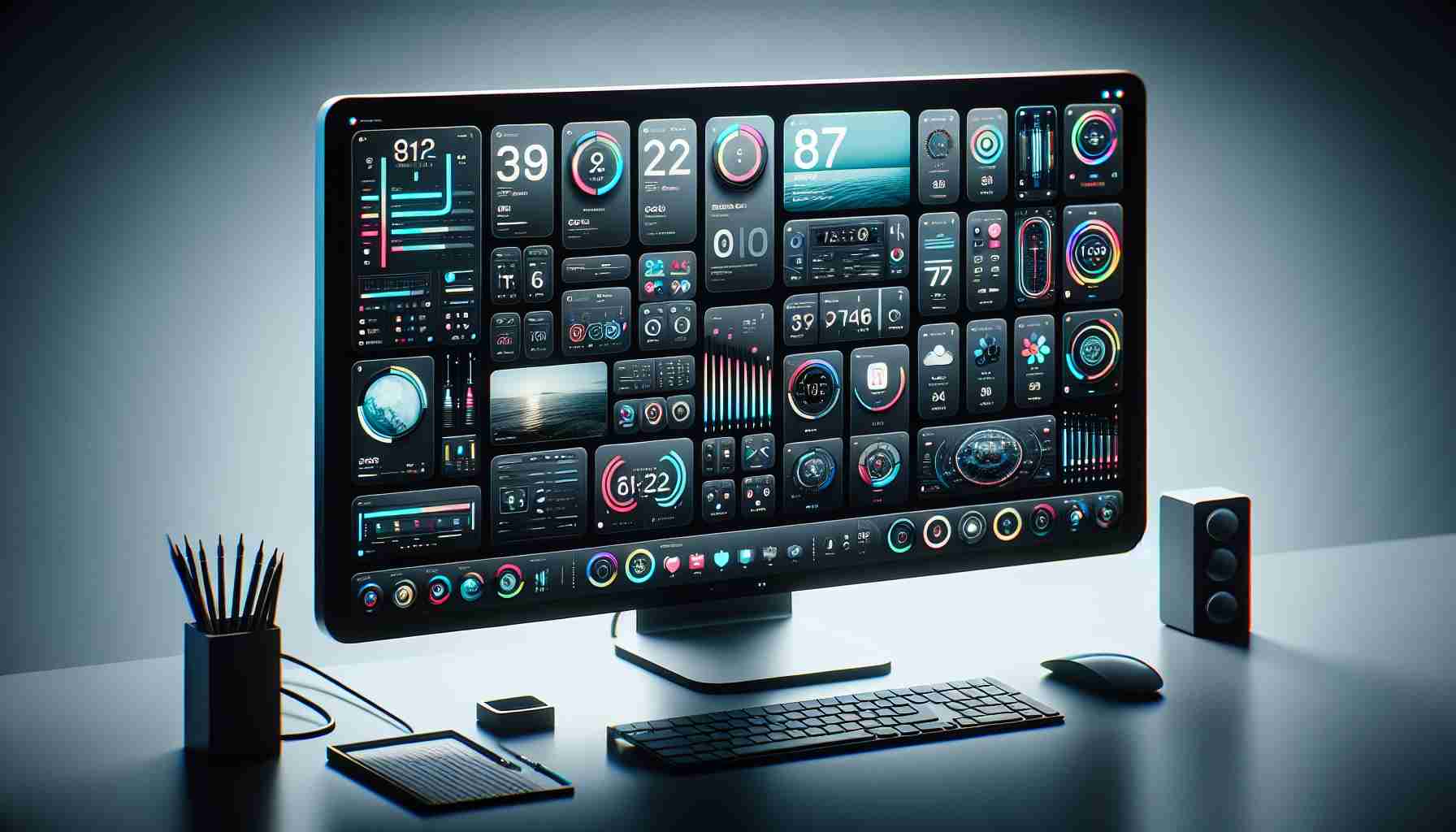 A detailed, high-definition image showcasing a variety of custom dashboard layout options for a modern desktop computer. The screen should be crisp and vibrant, displaying different widget placements, color themes, app arrangements, and customization tools. The computer should have a sleek, slim design, similar to contemporary desktop models, with a large, clear monitor and an aesthetically pleasing set-up on a well-lit desk.