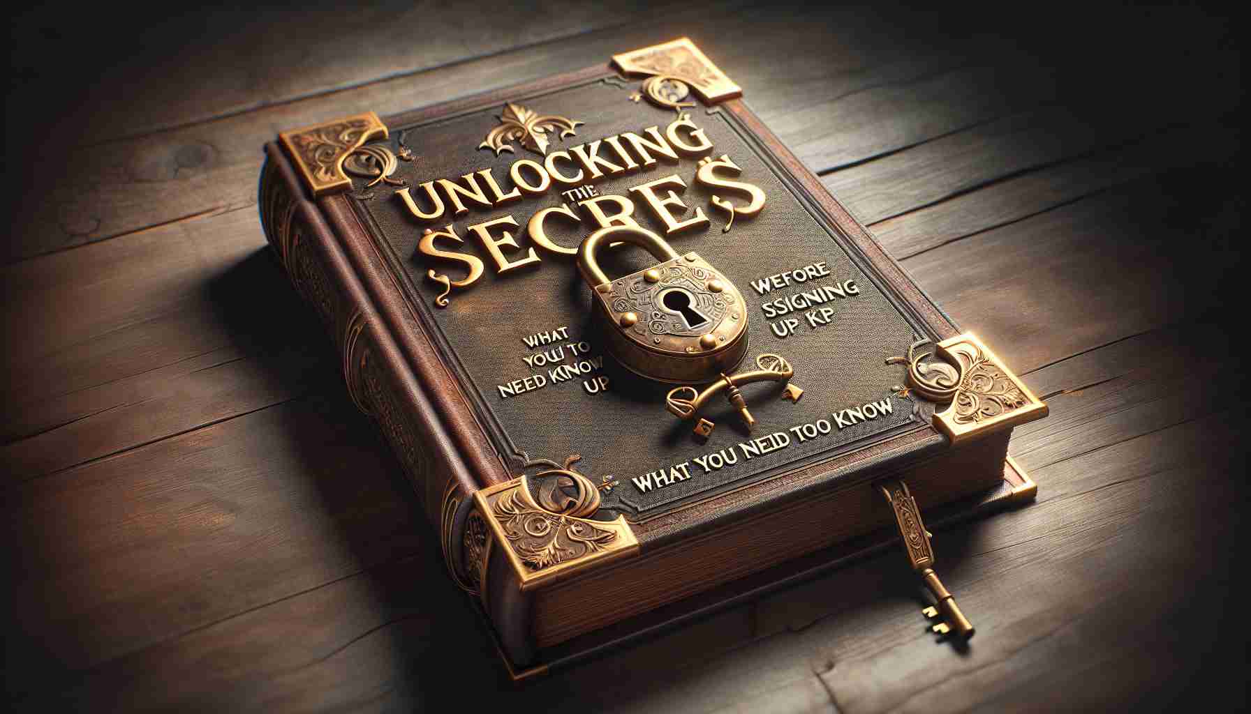 A high-definition image of a book with a rich, sturdy cover. The title 'Unlocking the Secrets: What You Need to Know Before Signing Up' is embossed with golden letters on the cover. The backdrop for the title is a mix of mysterious shadows and inviting light, hinting at the secrets the book promises to unveil. An intricate lock rests on top of the book, with an ornate key poised to unlock it. The background is a blur of muted colours, making the book the main focus of the image.