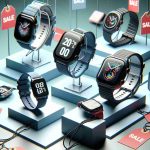 Render a high-definition, realistic image showing a variety of smartwatches displayed attractively. These should be seen as part of a sale event by a popular online marketplace. Emphasize on the banners and tags that show exciting discounts and deals.