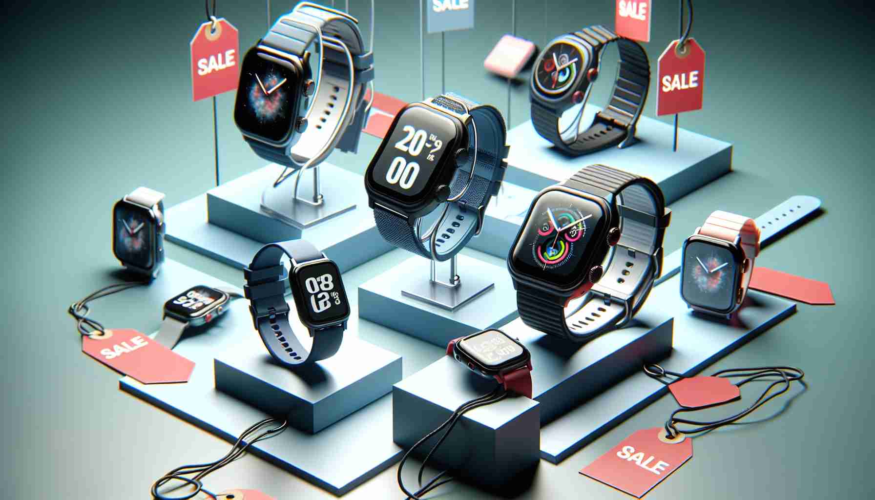 Render a high-definition, realistic image showing a variety of smartwatches displayed attractively. These should be seen as part of a sale event by a popular online marketplace. Emphasize on the banners and tags that show exciting discounts and deals.