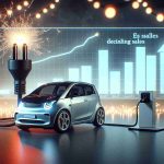 A hyper-realistic, high definition image representing a shift in focus towards affordable electric vehicles, possibly symbolized by a sparking plug or a charging station, with a backdrop hinting at declining sales, such as a sales chart with a downward trend. For context, include a recognizable, but non-specific, compact car model to symbolize the transition of a major auto company.