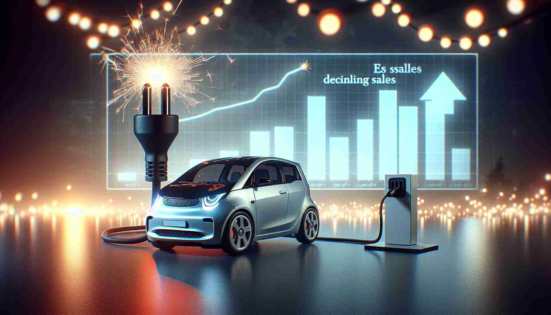 A hyper-realistic, high definition image representing a shift in focus towards affordable electric vehicles, possibly symbolized by a sparking plug or a charging station, with a backdrop hinting at declining sales, such as a sales chart with a downward trend. For context, include a recognizable, but non-specific, compact car model to symbolize the transition of a major auto company.