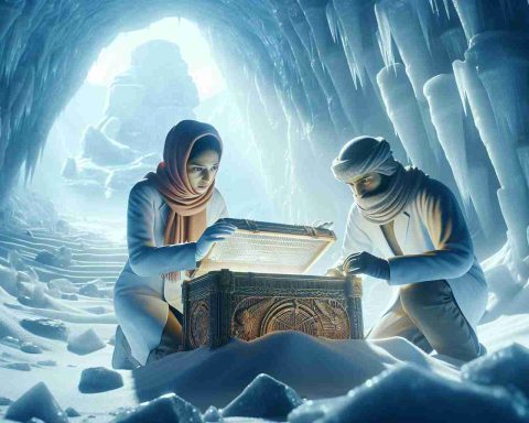 High-definition, realistic depiction of a thrilling moment where scientists, a female Middle-Eastern and a male South Asian, are unveiling ancient secrets hidden inside a vast icy landscape. They are filled with awe as they uncover relics or perhaps structures, providing insights about forgotten times. Make the scene both beautiful and mysterious, as if capturing a significant moment in the history of scientific discovery.