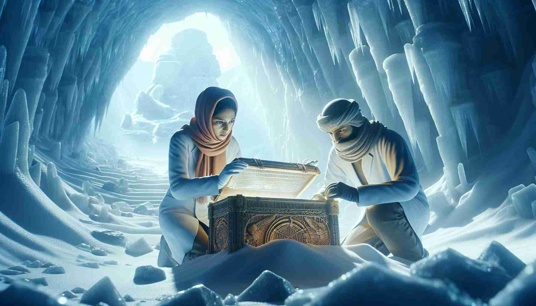 High-definition, realistic depiction of a thrilling moment where scientists, a female Middle-Eastern and a male South Asian, are unveiling ancient secrets hidden inside a vast icy landscape. They are filled with awe as they uncover relics or perhaps structures, providing insights about forgotten times. Make the scene both beautiful and mysterious, as if capturing a significant moment in the history of scientific discovery.