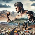 Create a high-definition, realistic image showcasing a metaphorical scenario: the city of Mazatlán, embodied as a strong, determined Caucasian man, challenging adversity symbolized by 'struggling Santos', represented as a lesser-equipped, less-confident Hispanic man. The backdrop should feature the contrasting landscapes of the city and struggle respectively.