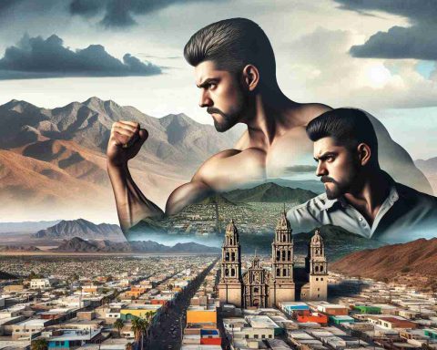 Create a high-definition, realistic image showcasing a metaphorical scenario: the city of Mazatlán, embodied as a strong, determined Caucasian man, challenging adversity symbolized by 'struggling Santos', represented as a lesser-equipped, less-confident Hispanic man. The backdrop should feature the contrasting landscapes of the city and struggle respectively.