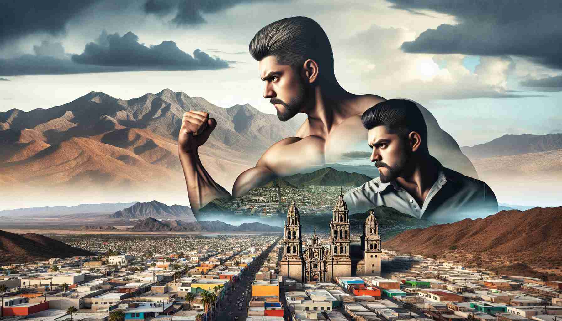 Create a high-definition, realistic image showcasing a metaphorical scenario: the city of Mazatlán, embodied as a strong, determined Caucasian man, challenging adversity symbolized by 'struggling Santos', represented as a lesser-equipped, less-confident Hispanic man. The backdrop should feature the contrasting landscapes of the city and struggle respectively.